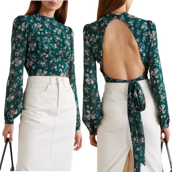 NWOT REFORMATION Raye Top Sz.12 Floral Green Tie Waist Open Back Boho Fairy - Picture 1 of 14